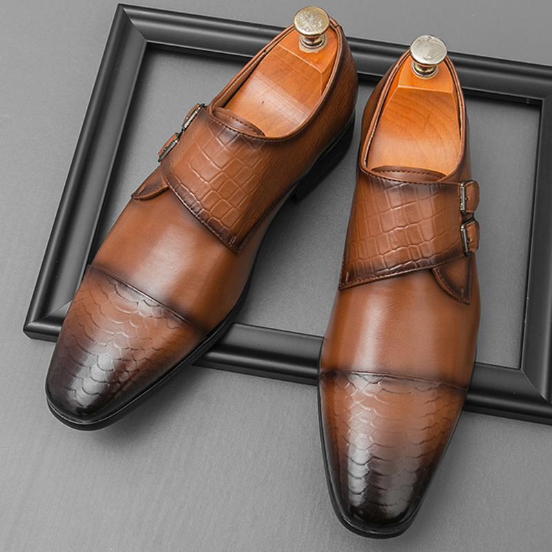 Gentleman Luxury New Black Brown Pointed Leather Shoes Men Designer Monk Strap Loafers Formal Wedding Dress Homecoming Footwear