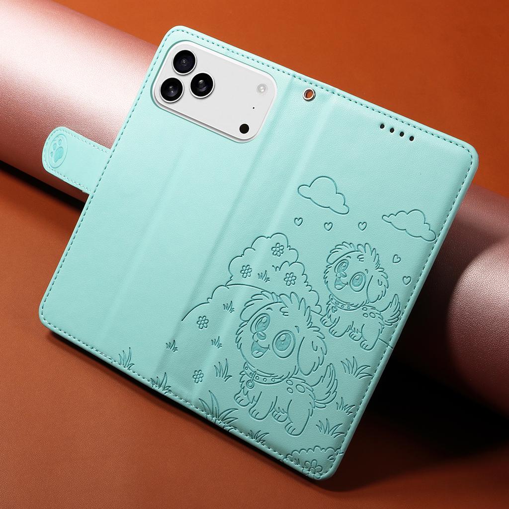 For iPhone 17 Pro Max Case RFID Blocking Imprinted Dog Pattern PU Leather Phone Cover with Wrist Strap