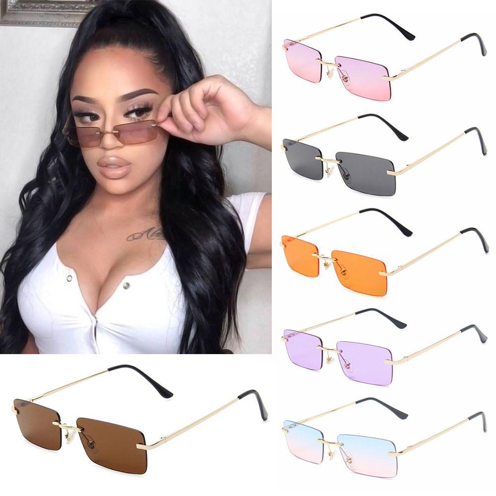 UV400 Eyeglasses Retro Sun Glasses Gradient Glasses Women Vintage Sunglasses Rectangle Rimless