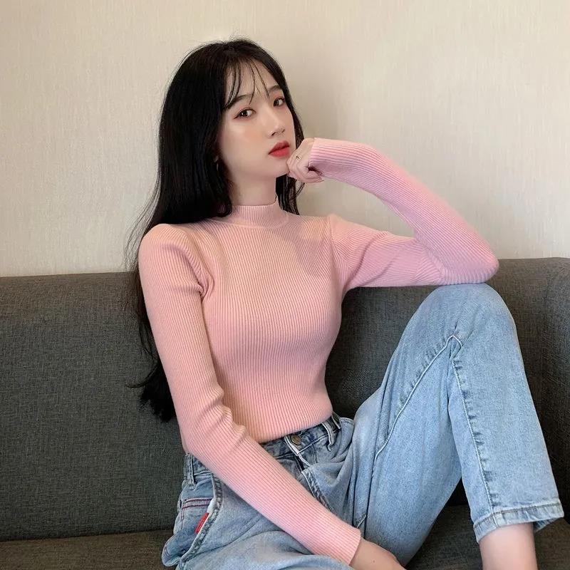 Женская однотонная полуводолазка, пуловер, нижняя рубашка, облегающий универсальный свитер