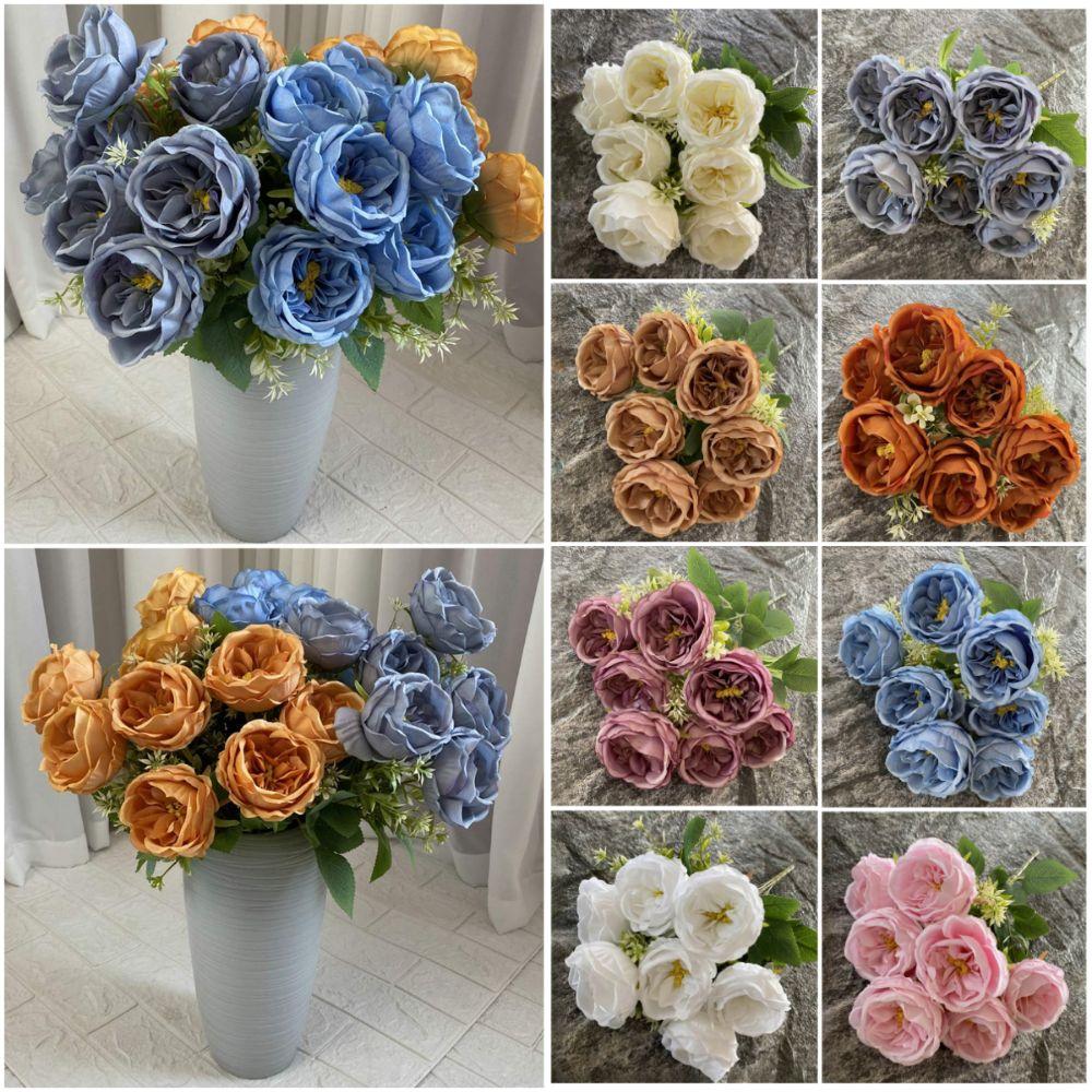 7 Heads Artificial Flower Rose Brushed Fabric Petal Flower Bouquet Faux Austin Rose  Party Supplies