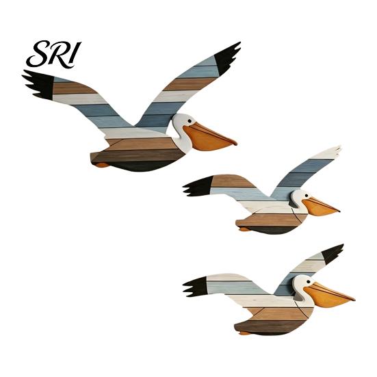 Vintage Bird Decoration 3 Pcs Pelican Wall Art Wooden Flying Hanging Seaside Decor Nautical Rustic Beach Sculpture for Living Room Bedroom Home