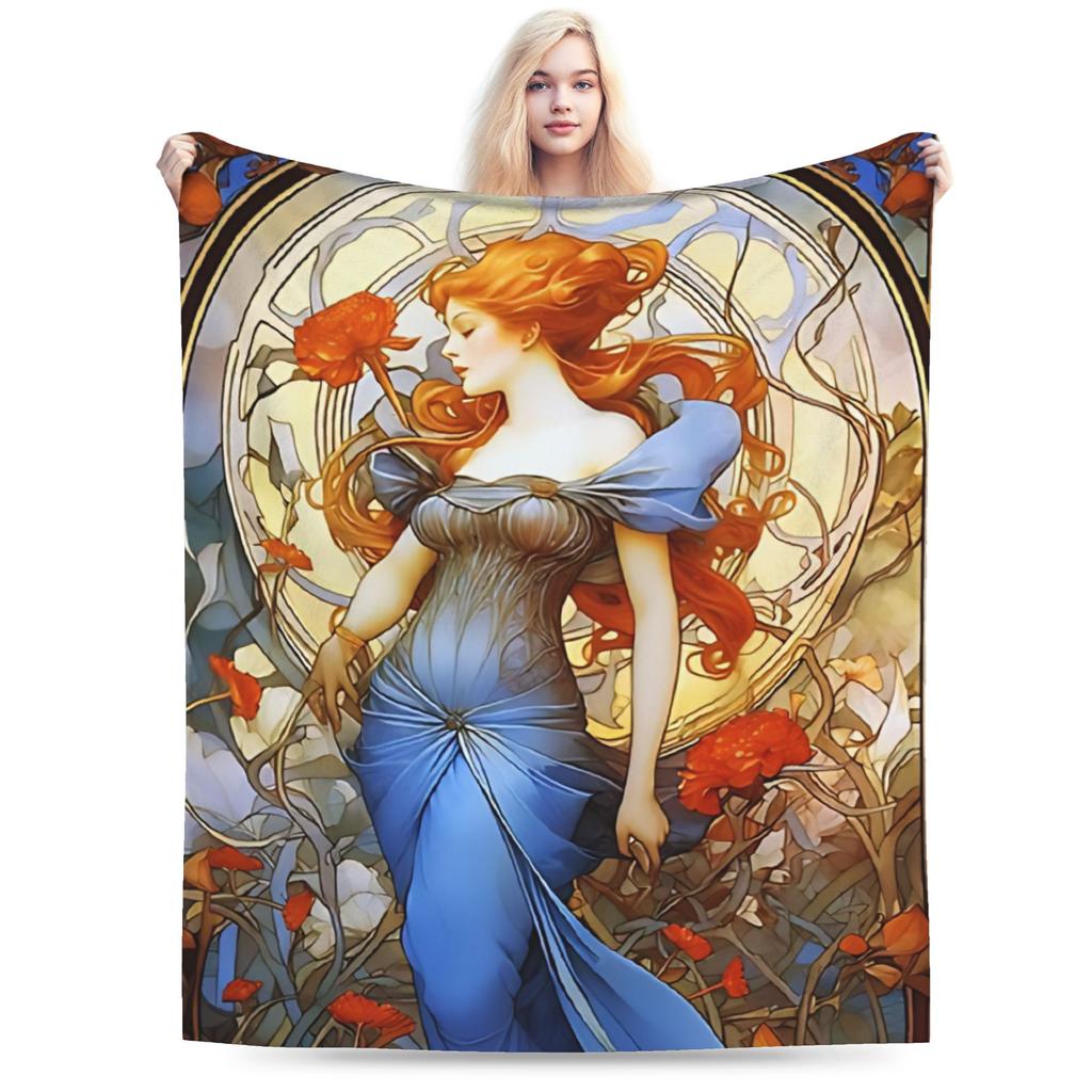 Language of Flowers Alphonse Mucha Plush Blanket Students Flannel Throw Blanket For Outdoor Soft Custom DIY Quality Bedspread