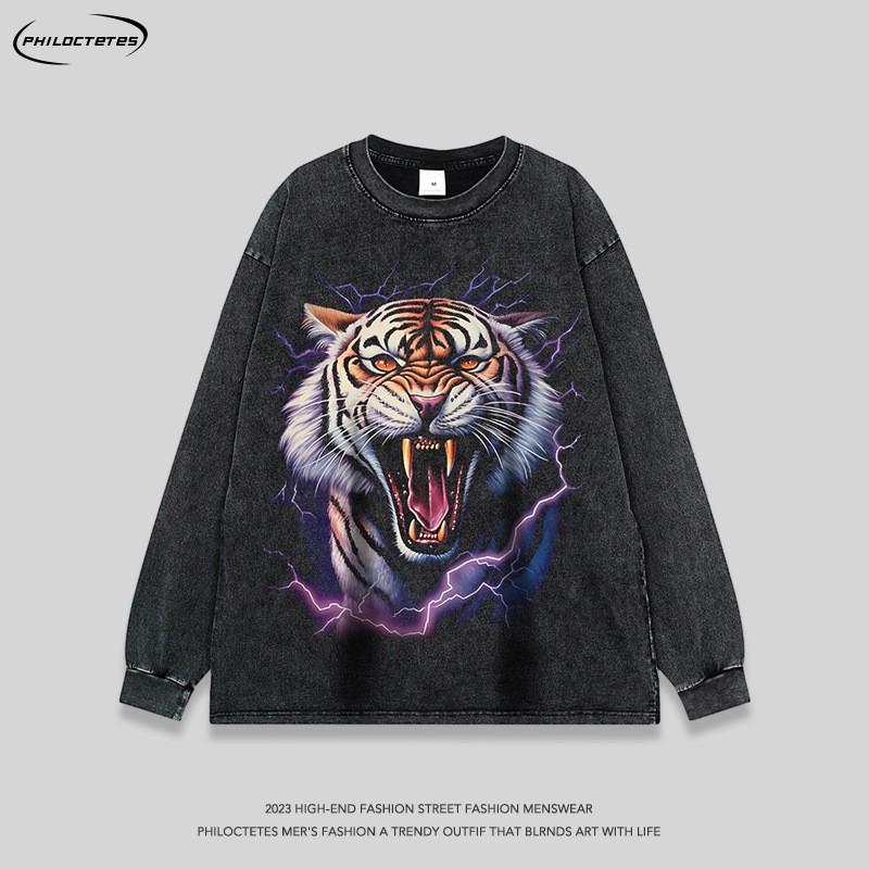 Mens Oversized Retro Tiger Print Long Sleeve Tee Cotton Heavyweight Washed Streetwear Hip Hop T-Shirt