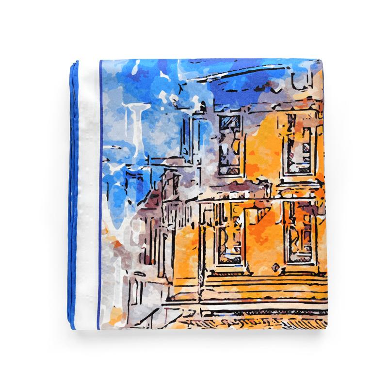 New Blue Yellow Watercolor Painted Printed Natural Silk Twill Square Scarf Women's Spring Autumn Real Silk Scarves Luxury Shawl