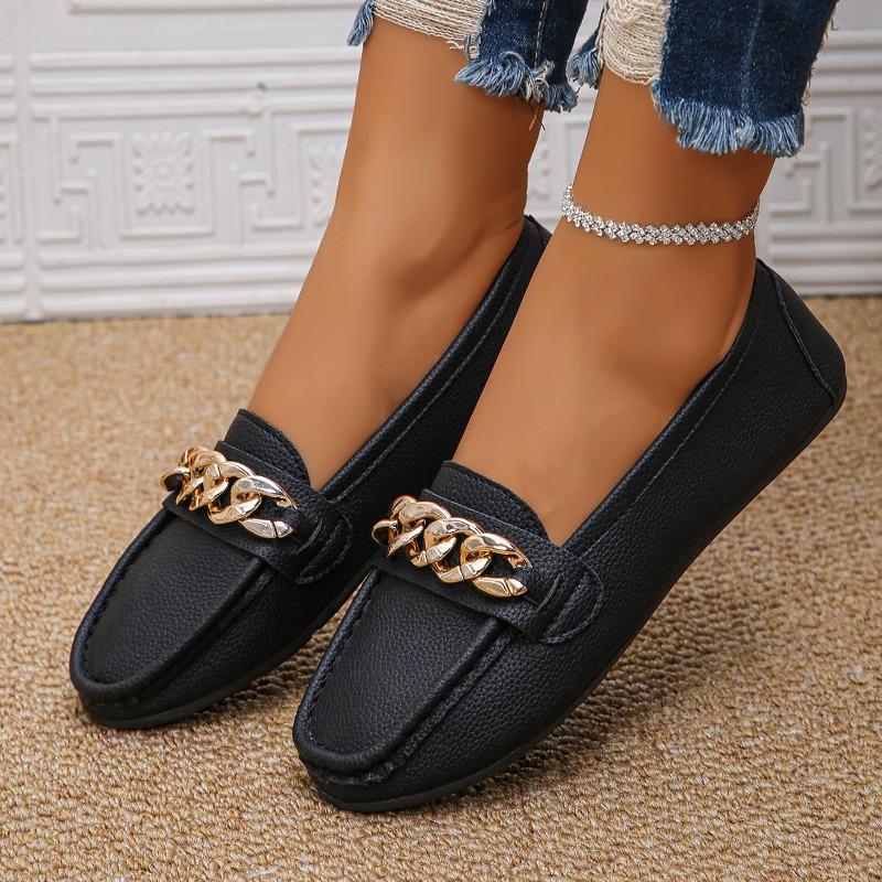 Women's Flat Shoes Autumn New Round Head Mid-mouth Metal Chain Anti-slip Wear-resistant Soft Bottom Low-top Shoes