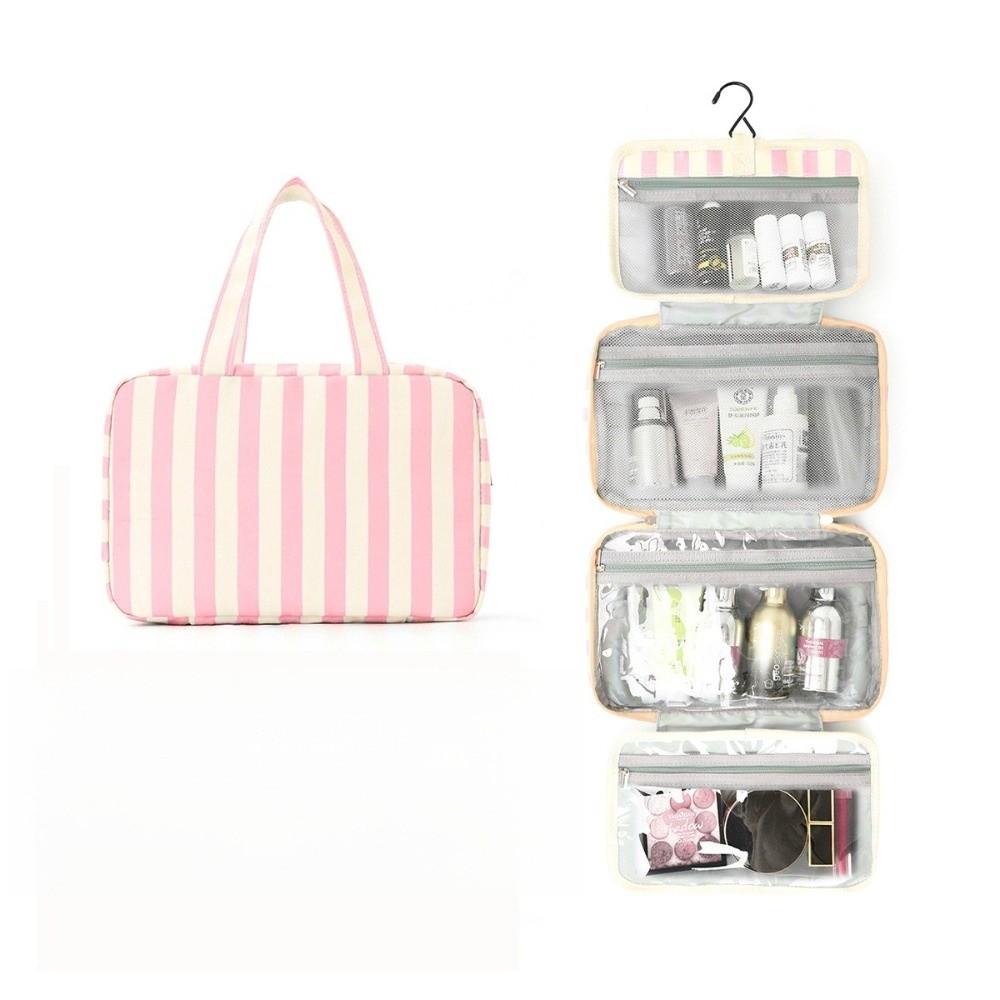 Portable Hanging Travel Toiletry Bag Striped 4-Fold Cosmetic Organizer with Hook Large Capacity Makeup Bag Outdoor
