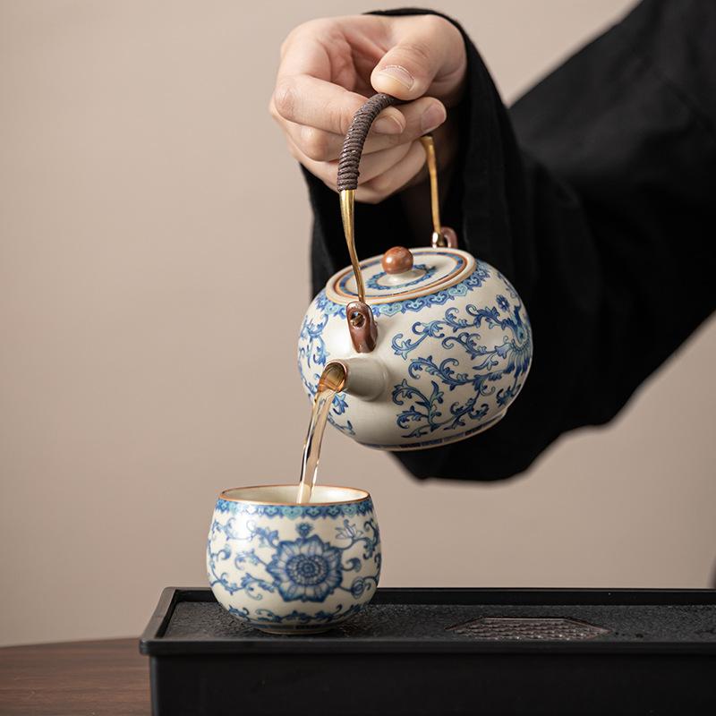 Ru kiln blue and white, one pot and two cups of kung fu tea set, small set, ceramic teapot, tea tray, one or two people drinking tea, tea maker