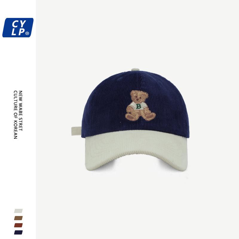 Корейская милая мультяшная вышитая бейсболка с медведем для женщин на зиму, вельветовая студенческая модная бейсболка с контрастным цветом в стиле пэчворк