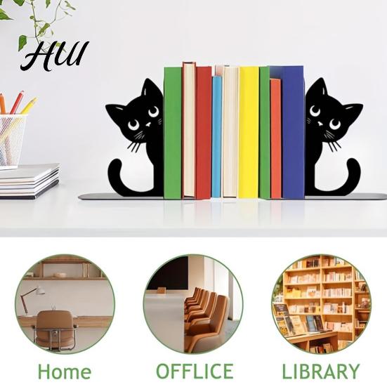 Rounded Corner Bookend 2Pcs Black Cat Bookends for Shelves, Cute Metal Book Holder Kids Room Desk, Heavy Duty Non-Slip Stopper Home Office Decor
