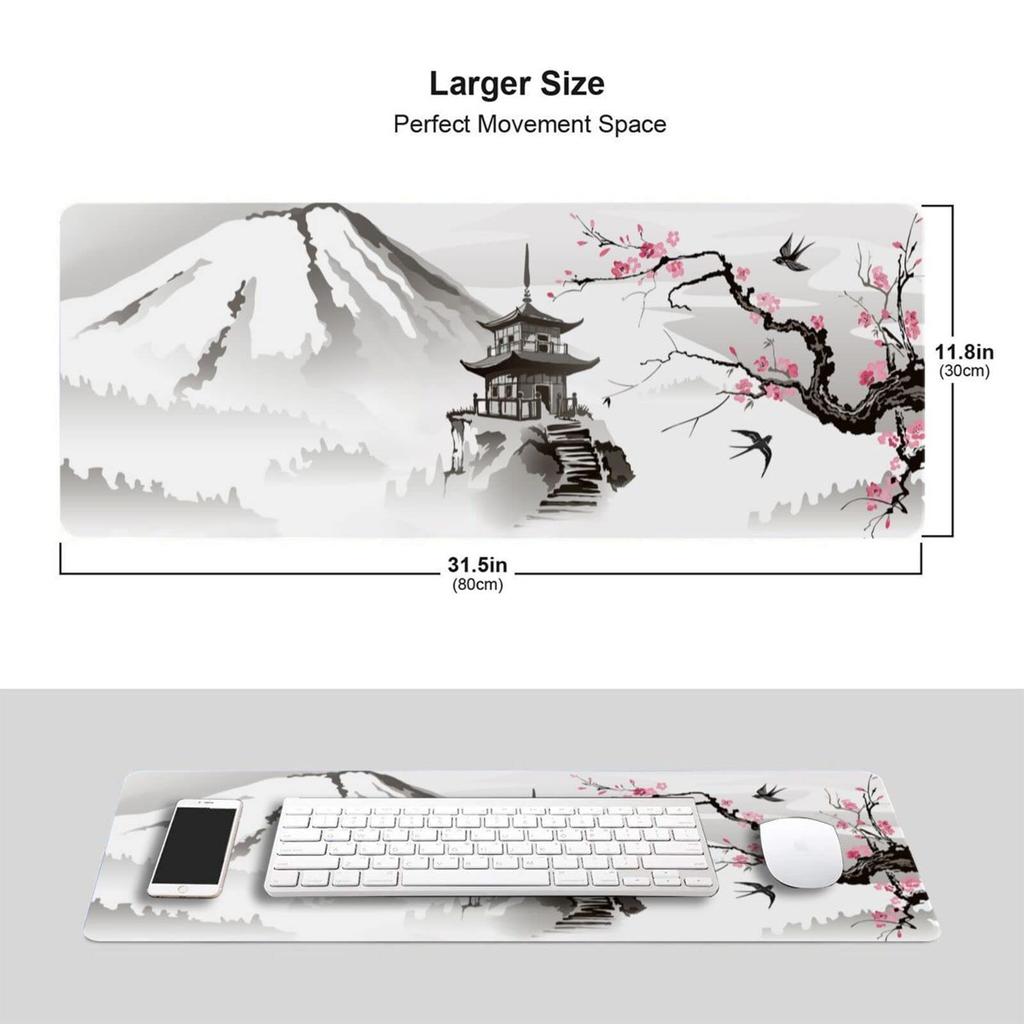 Japanese Cherry Blossom White Gaming Mouse Pad XL Extended Large Mouse Mat Desk Pad Stitched Edges Mousepad Long Nonslip Rubber Base Mice Pad 31.