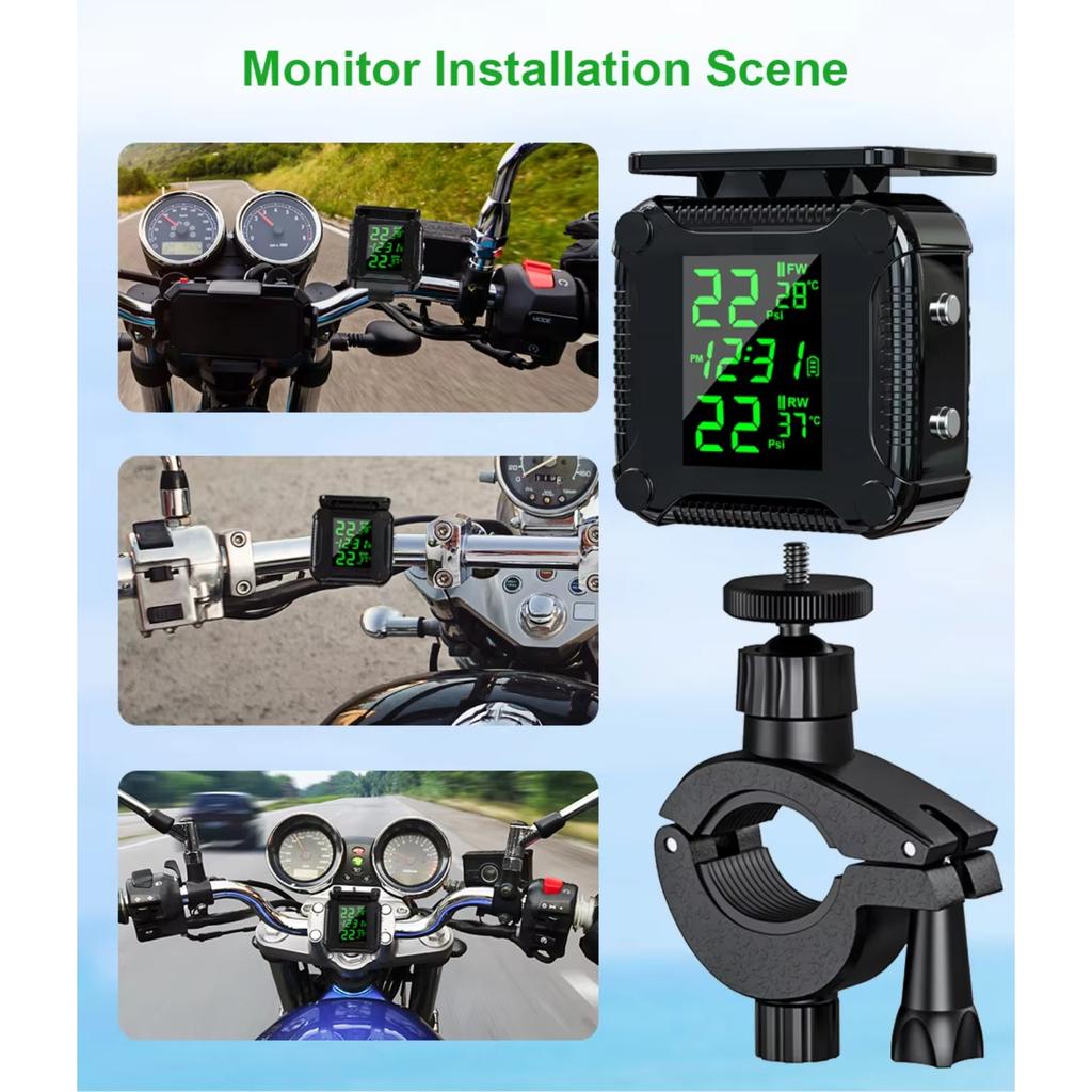 Motorcycle Tire Pressure Monitoring System LCD Display Solar Charging Waterproof Tyre Temperature Alarm Sensor