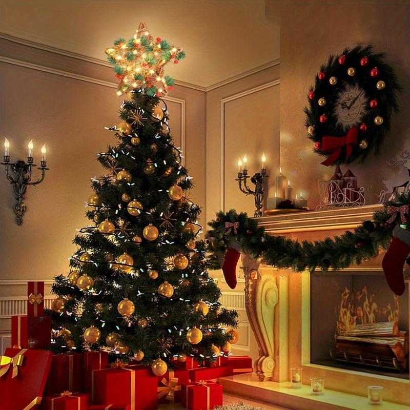 Rustic Natural Rattan Star Christmas Tree Topper, Warm White Lights, 3 AA Batteries Not Included, Farmhouse Holiday Decor for Indoor,Office,