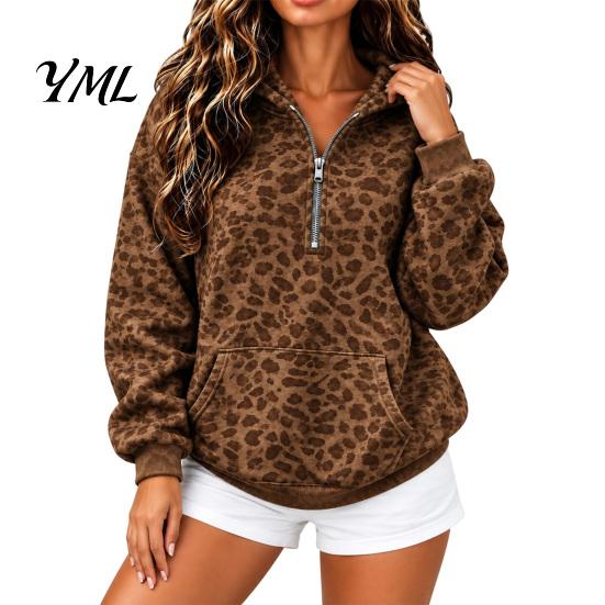 Casual Wear Hoodie Women Leopard Print Hoodie, Oversized Half Zip Hooded Sweatshirt with Long Sleeve Top Kangaroo Pocket, Fall Pullover