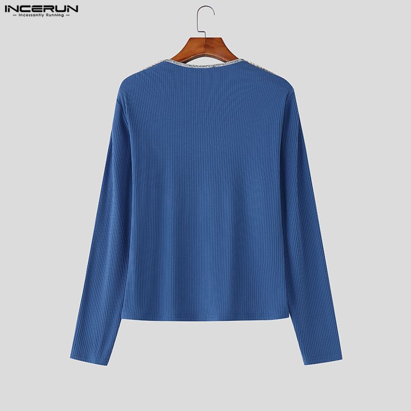 INCERUN Мужские футболки с квадратным вырезом, длинным рукавом, пэчворком, пуговицами, облегающие, укороченные топы