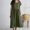 Medium Length Skirt, Round Neck, Short Sleeved Solid Color, Loose Casual Cotton and Linen Dress for Women