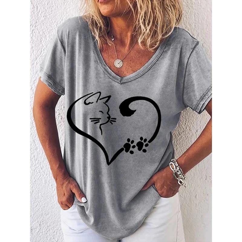 Fashion Woman Blouses T-shirt Women's 3d Cats Print Black Kawaii V-neck T Shirt Female Clothing Oversized Summer Tops Tees
