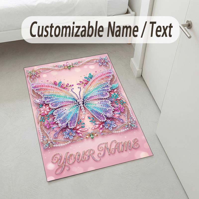 Butterfly Theme Crystal Velvet Rug Personalized Custom Name Text Soft Floor Mat Home Decor