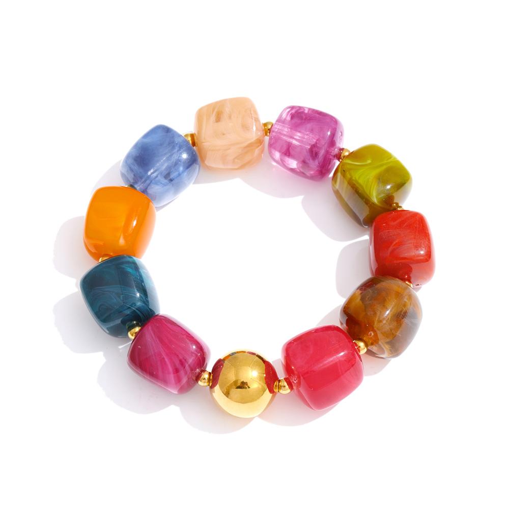 Yhpup Acrylic Square Beads Chain Necklace Bracelet Bangle Stainless Steel Handmade Jewelry Waterproof Green Khaki Pink Amber
