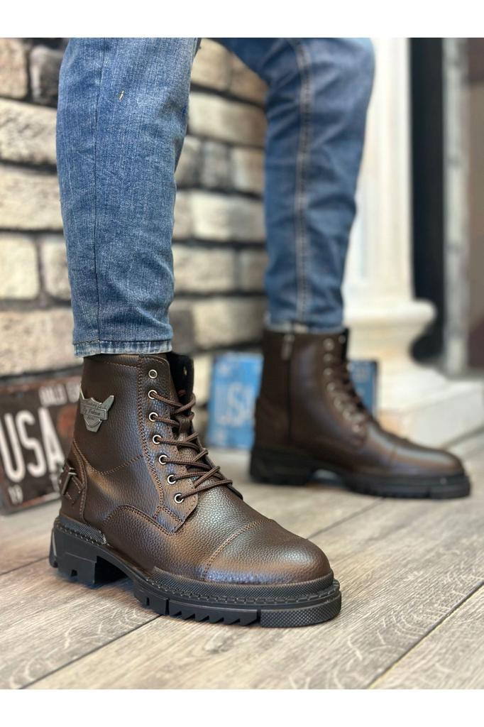 Men's Fashion Faux Leather Thick Heeled Booties Bootie Ba Eagle Zippered Buckle Brown Classic Sports Classic Half Ankle Boots Shoes