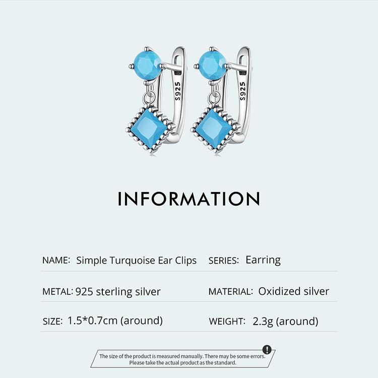 WOSTU Серьги-клипсы из стерлингового серебра 925 пробы с простой бирюзой для женщин, ювелирные изделия