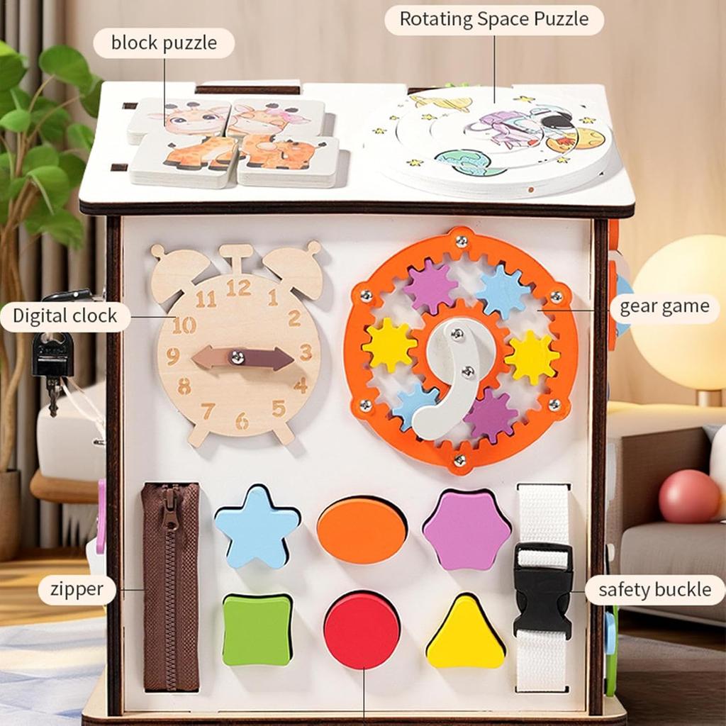 Busy Board for Toddlers Baby Wooden Montessori Sensory Toys for Baby Manipulative Board Motor House coloured