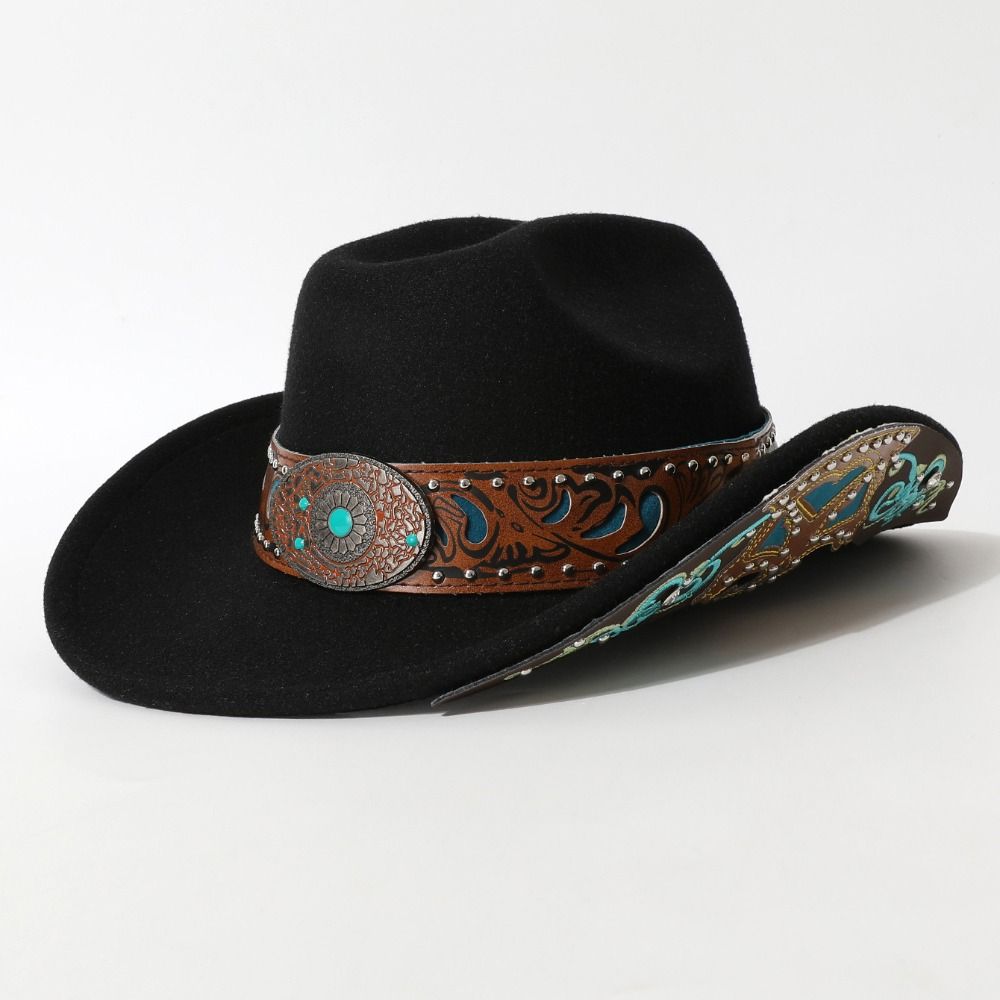 Vintage Wide Brim Sun Hat Turquoise Decor Cowgirl Hat Elegant Party Festival Hat For Women Man