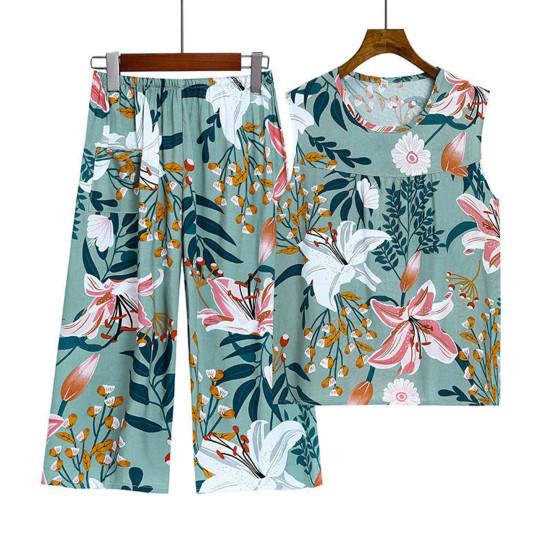 2 Pcs/Set Women Vest Pants Set Flower Print Round Neck Sleeveless Loose Pleated Elastic Waist Wide Leg Casual Homewear Mid-aged Mother Pajamas Set