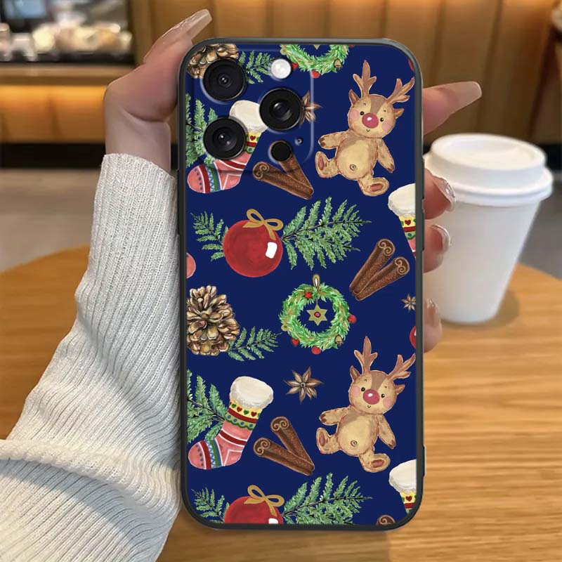 Рождественский мультяшный узор Чехол для телефона Для Apple iPhone 17 16 16E 15 14 13 12 11 Pro Max Plus Черный Мягкий Силикон