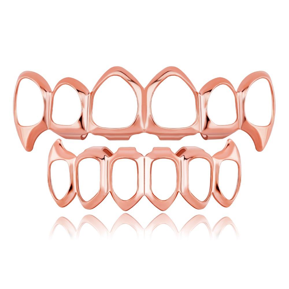 Eco-friendly Copper Hollow Teeth Grillz Top Bottom Set Glossy Finish Teeth Jewelry Party