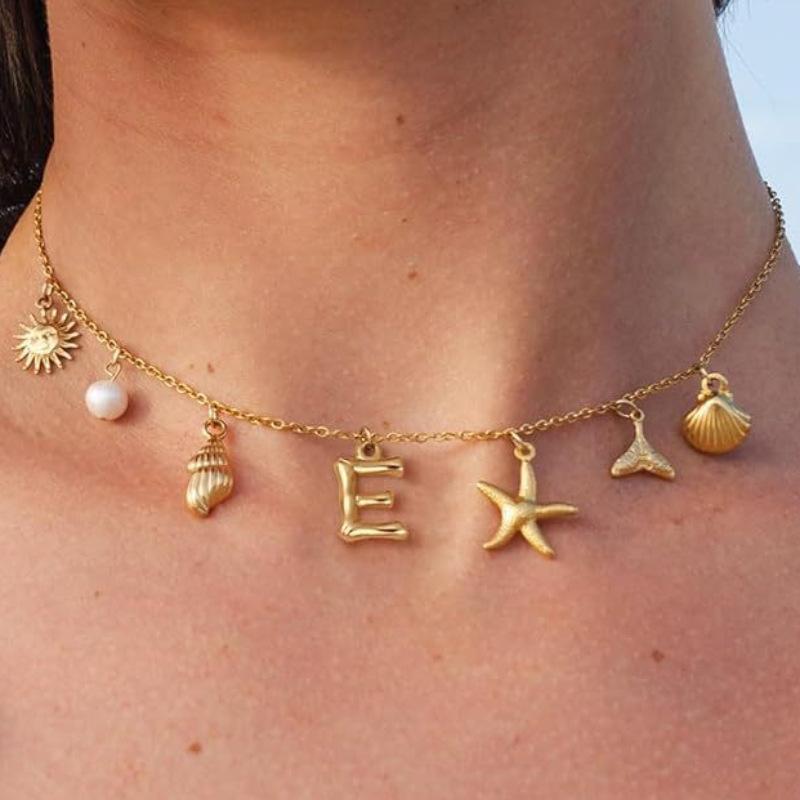 Charm Gold Color A-Z Pendant Alphabet Choker Necklace Women Shell Conch Starfish Initial Letter Necklaces Boho Beach Jewelry