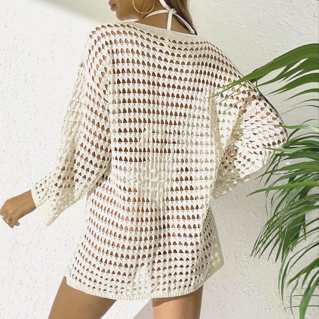 Европейско-американский сексуальный вязаный пуловер с прорезями: Женская туника с длинным рукавом и круглым вырезом для лета