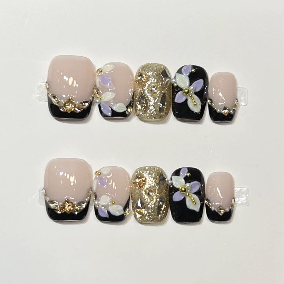 10Pcs Black Handmade Press on Nails Full Cover Bow Tie Pearl Design Sweet French Elegant Ballerina False Nails Wearable Manicure