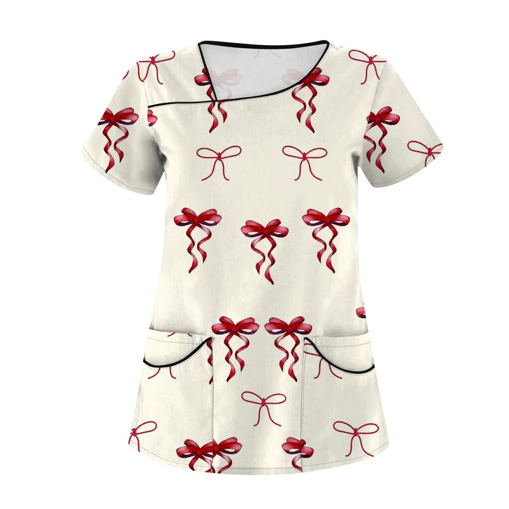 Женская мода с бантом и принтом, короткий рукав, рабочая одежда с двойными карманами