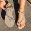 Fashion Rhinestone Fashion Women's Shoes 24 Summer New Plus Size Flat Travel Beach Shoes Clip Toe Elastic Strap Sandals Comfortable Gold