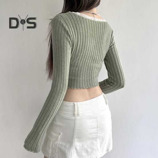 Женские топы с V-образным вырезом, кружевной строчкой, длинным рукавом, неровным подолом, однотонные облегающие укороченные топы в рубчик