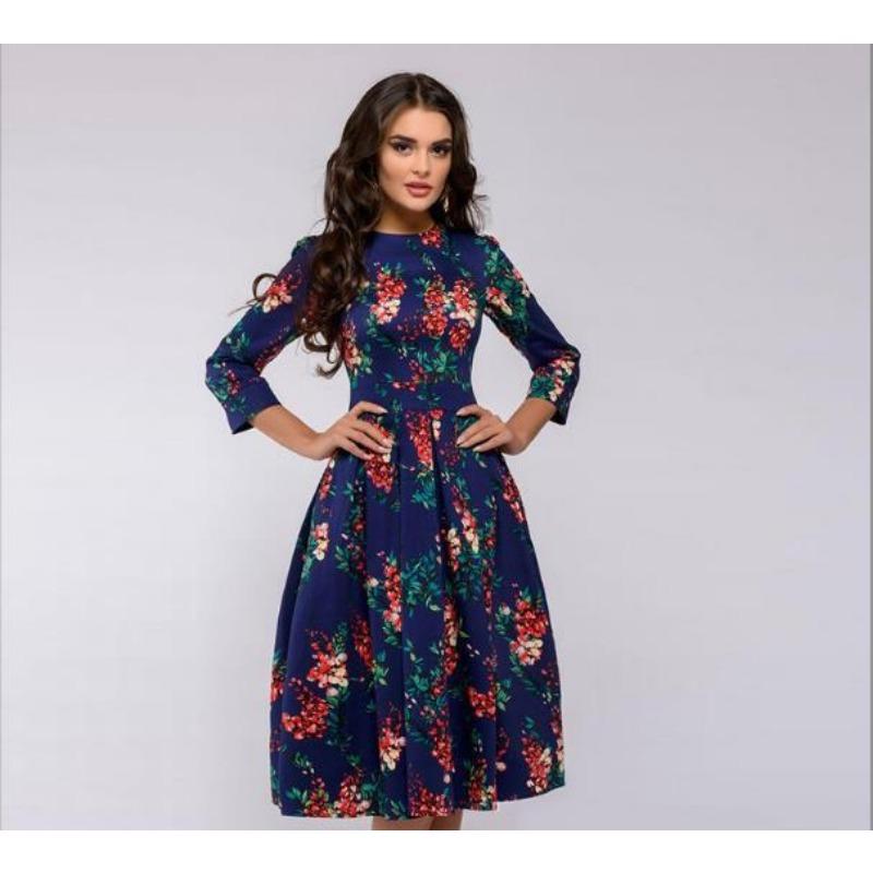 Женское платье А-силуэта, вечернее винтажное платье с цветочным узором, рукавами-семью точками и круглым вырезом