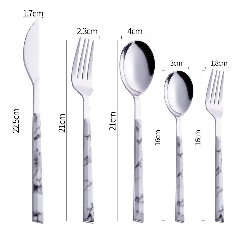 Нержавеющая сталь Высококлассная столовая посуда Мраморная ручка Серебряная десертная столовая ложка Западный нож для стейка Вилка Кухонные столовые приборы Посуда