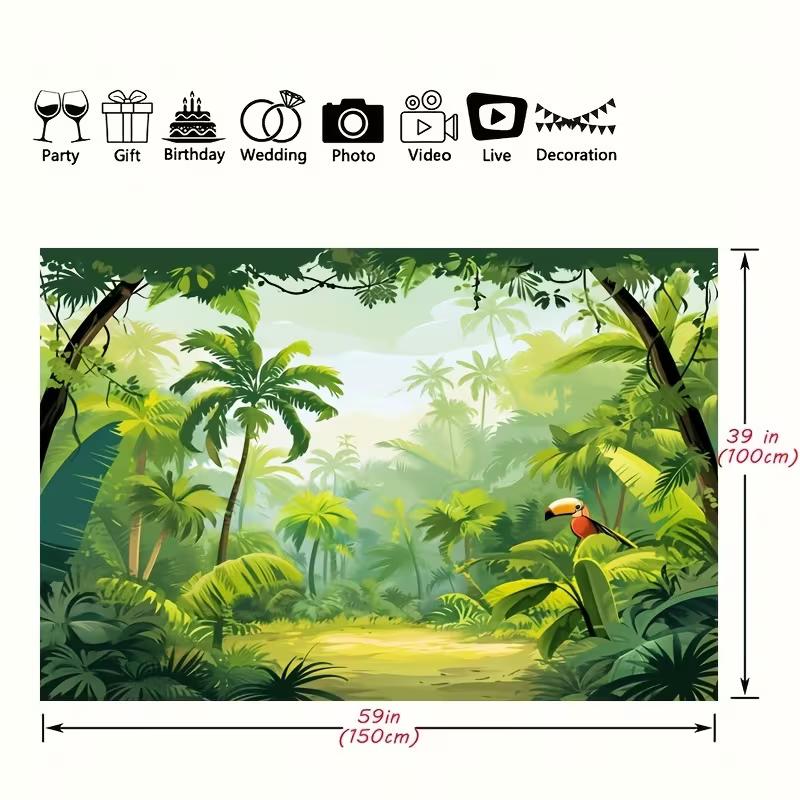 2D Safari Party Backdrop Cartoon Jungle Forest & Toucan Background Cloth