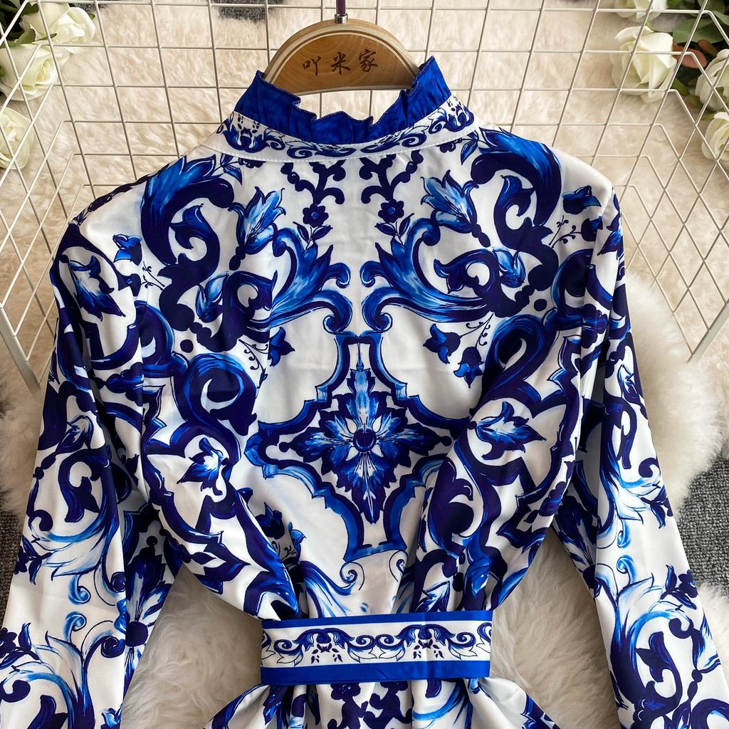 Весна-Осень, желтый, красный, синий и белый фарфоровый халат с принтом, женские вечерние платья с расклешенными рукавами и поясом на шнуровке