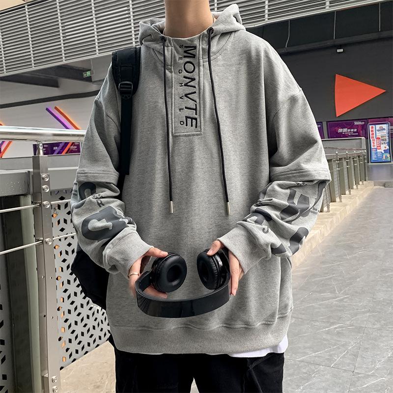 Весенне-осенний мужской свитер с капюшоном, поддельный двухкомпонентный топ для подростков, повседневная модная толстовка с капюшоном