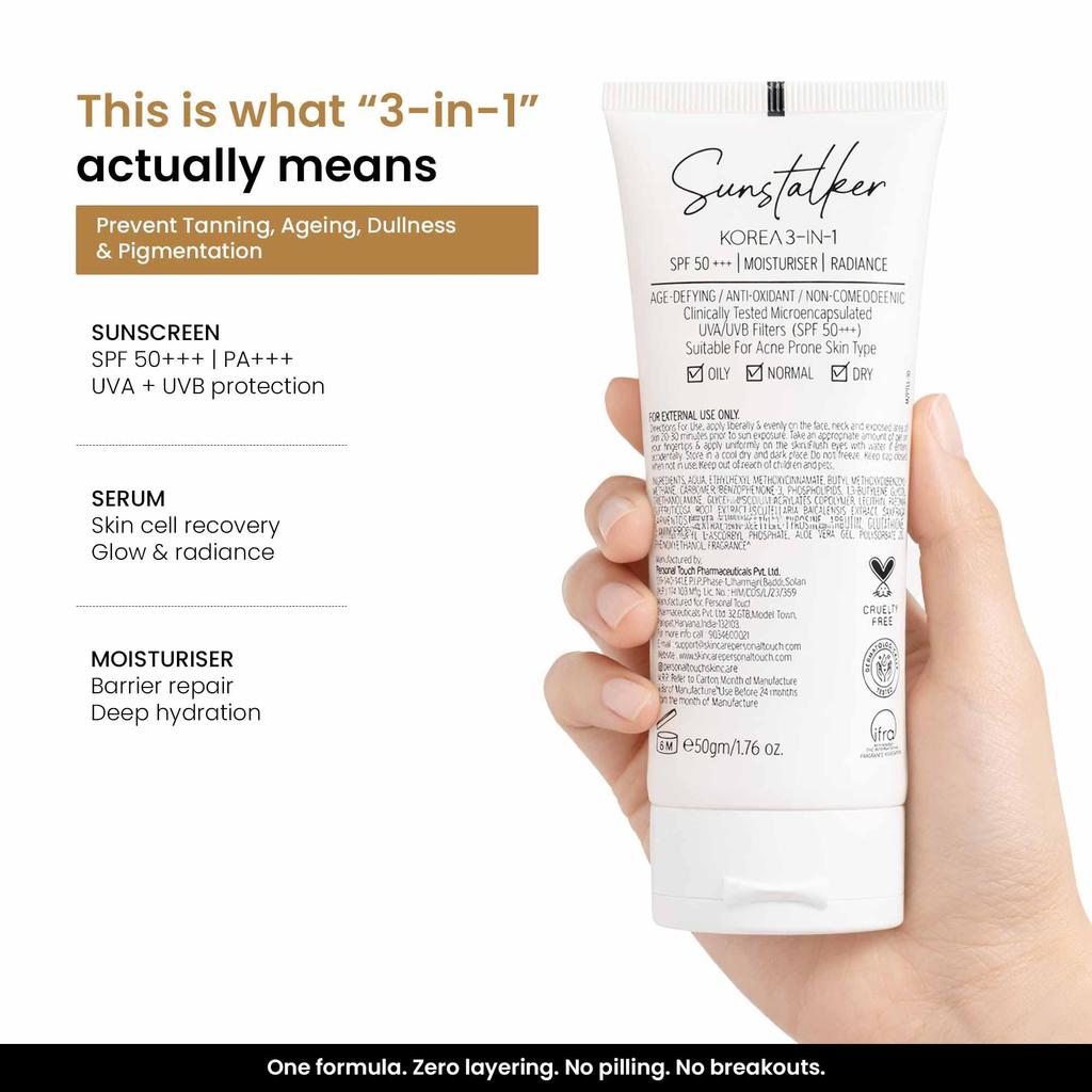 Солнцезащитный крем Personal Touch SPF 50 PA+++ для лица | Sunstalker Korea 3 в 1 | Легкий солнцезащитный крем без белых следов | Нежирный, безопасен для кожи с акне и масляный-