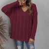 Women's Top Thickened Dough Twists Knitting V-Neck Hooded Loose Pullover Sweater