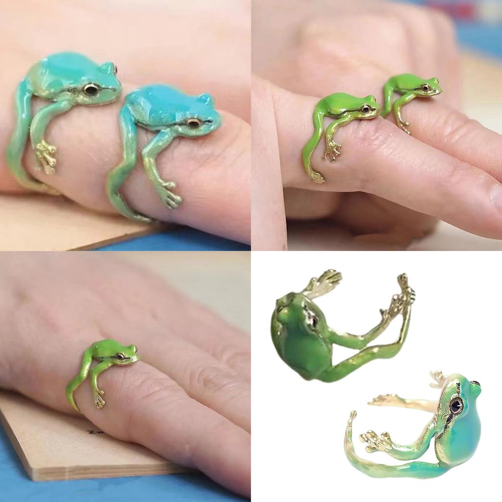 Pack of 2 Tree Frogs Shaped Ring Adjustable Size Ring Eye Catching Finger Rings Ornament Fashionable Gift for Couple