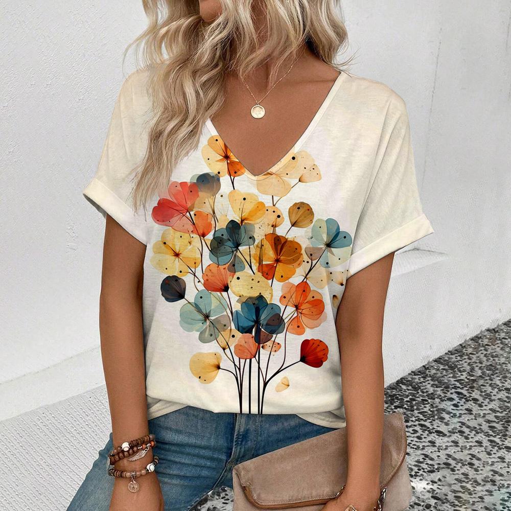 Summer New 3D Printe T-shirt Women's V-neck Top Summer Daily Short-sleeved White Comfortable Street T-shirt