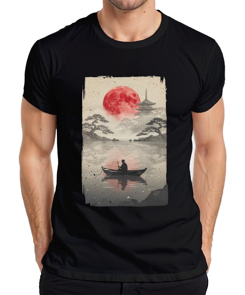 Japan Pagoda Red Moon Angler Boat Lake Vintage Retro Zen Nippon Men's T-Shirt