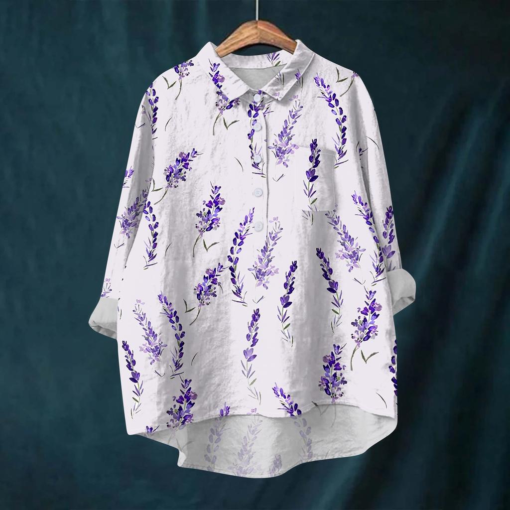 Women's Shirt Blouse Long-sleeved With Buttons Print Casual Hem Irregular Shirt Collar Top