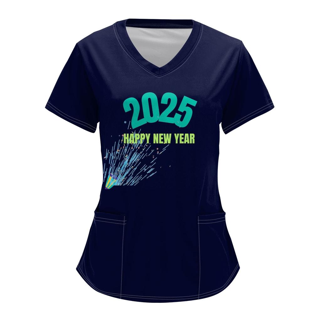 Женский модный комбинезон с V-образным вырезом, короткими рукавами и карманами 2025 года с рождественским принтом