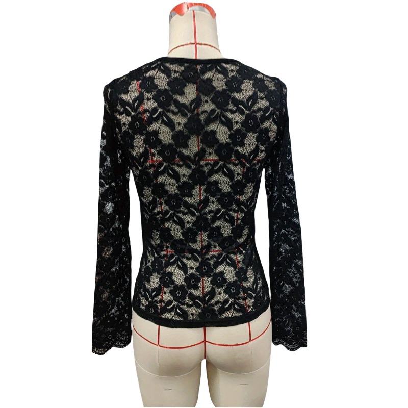 V-образный вырез, веерообразный воротник, однослойная однотонная кружевная футболка с длинными рукавами, облегающий топ для похудения для женщин, футболки женские