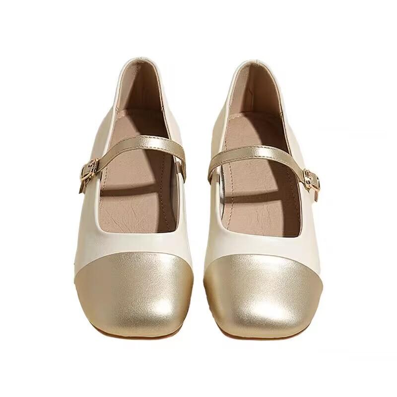 2024 весна новые золотые удобные туфли на толстом каблуке женские повседневные туфли на низком каблуке туфли-лодочки женские туфли для ходьбы с квадратным носком